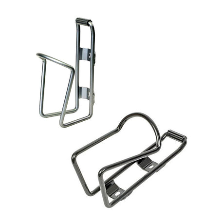 All Terrain Bottle Carrier: A robust metal bottle cage, shown in black, designed for mountain bikes. Features heavy-duty 8 mm alloy construction, ensuring a secure fit over rough terrains.