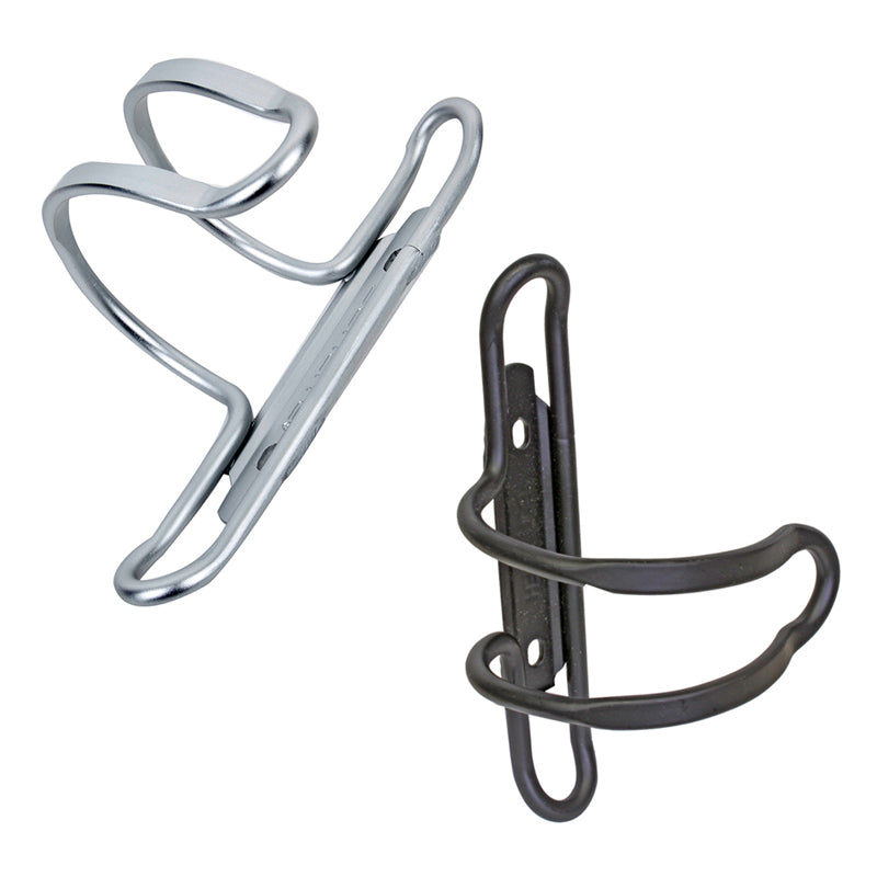 Alloy Bottle Carrier with Side Mount, featuring a close-up view of the 6 mm metal cage and included mounting bolts, designed for attaching to a bike or scooter frame.