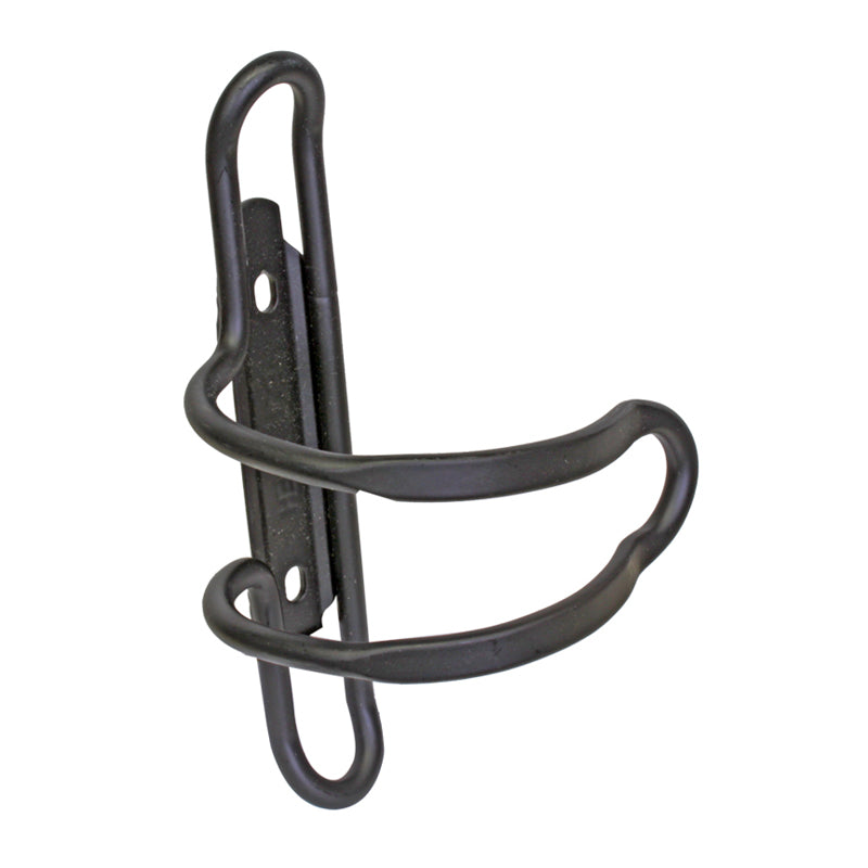 Alloy Bottle Carrier with Side Mount, a black metal 6 mm cage, designed for easy hydration access on bikes or scooters, shown with included mounting bolts for secure attachment.