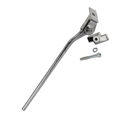 Burnished Silver Alloy Center Mount Kickstand with Retro Plate, featuring screws and bolts, designed for bikes with Shimano derailleurs. Available in 285 mm and 305 mm lengths for quick installation.