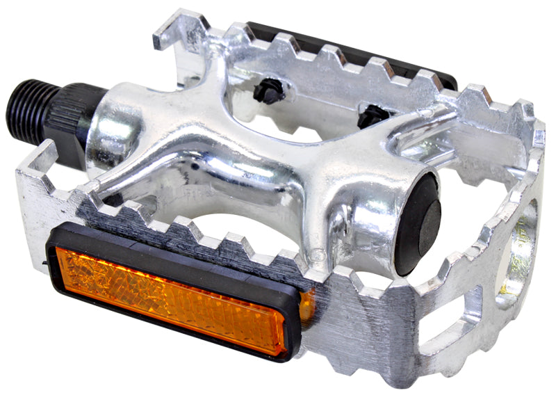 Alloy Sport Pedals featuring a silver and black finish with reflective panels for enhanced safety, suitable for bicycles and scooters, and compatible with standard 9/16 threads.