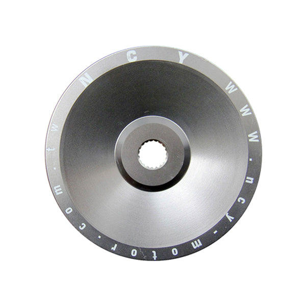 Aluminum Drive Face for 150cc GY6 Engines: A circular metal object with a central hole, designed for NCY scooters, enhancing compatibility with Genuine Scooter Company's Blur and Buddy 150 models.