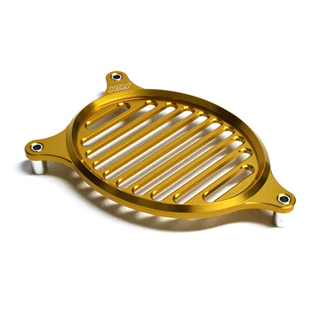 Aluminum Fan Cover for the Honda PCX, featuring a round gold metal design with multiple holes, precisely crafted by NCY.