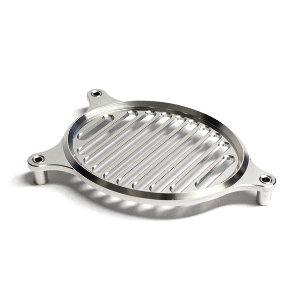 Aluminum Fan Cover for Honda PCX: A round metal pan with holes, featuring two handles, designed to enhance the look of your scooter with a distinct silver finish.