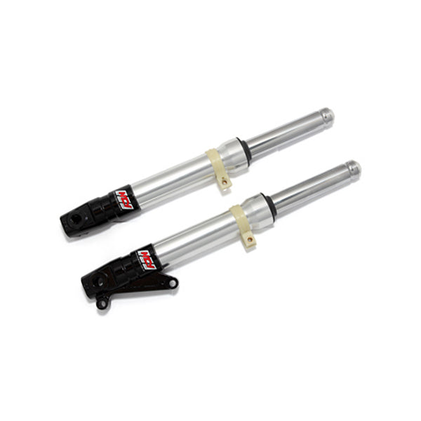 Aluminum Front Forks for the Honda Ruckus (NPS50) by NCY, featuring a close-up of two metal shock absorbers, showcasing their sleek design and durable construction.