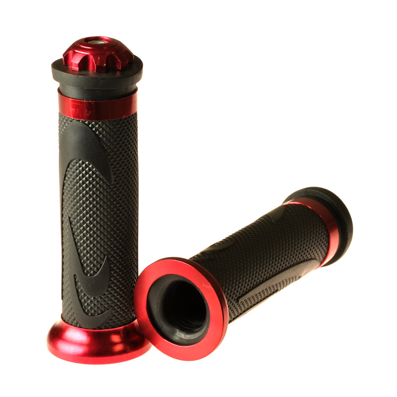 Red Anodized Aluminum & Rubber Grip Set for Scooters, ATVs, & Dirt Bikes, featuring a close-up of a textured handlebar grip with a durable, ergonomic design.