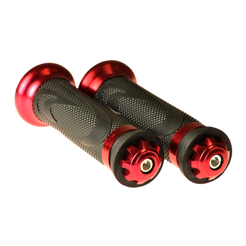 Red Anodized Aluminum & Rubber Grip Set for Scooters, ATVs, & Dirt Bikes, featuring a textured surface for better grip, shown as a pair of red and black handlebars.