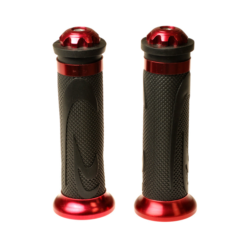 Red Anodized Aluminum & Rubber Grip Set for Scooters, ATVs, & Dirt Bikes featuring black and red textured handles for improved grip and comfort.