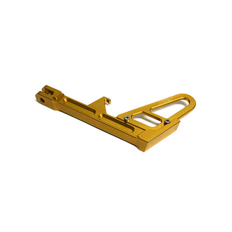 Aluminum Side Stand for the Honda PCX, gold finish, lightweight with a wider foot for stability, featuring visible screws and CNC'd construction.