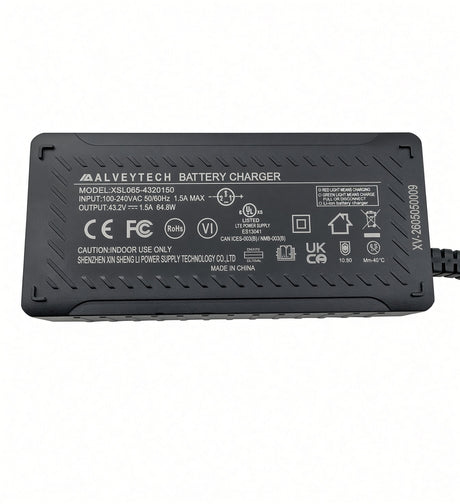 AlveyTech battery charger label, model XSL065-4320150, input 100-240VAC, output 43.2V 1.5A 64.8W Li-ion