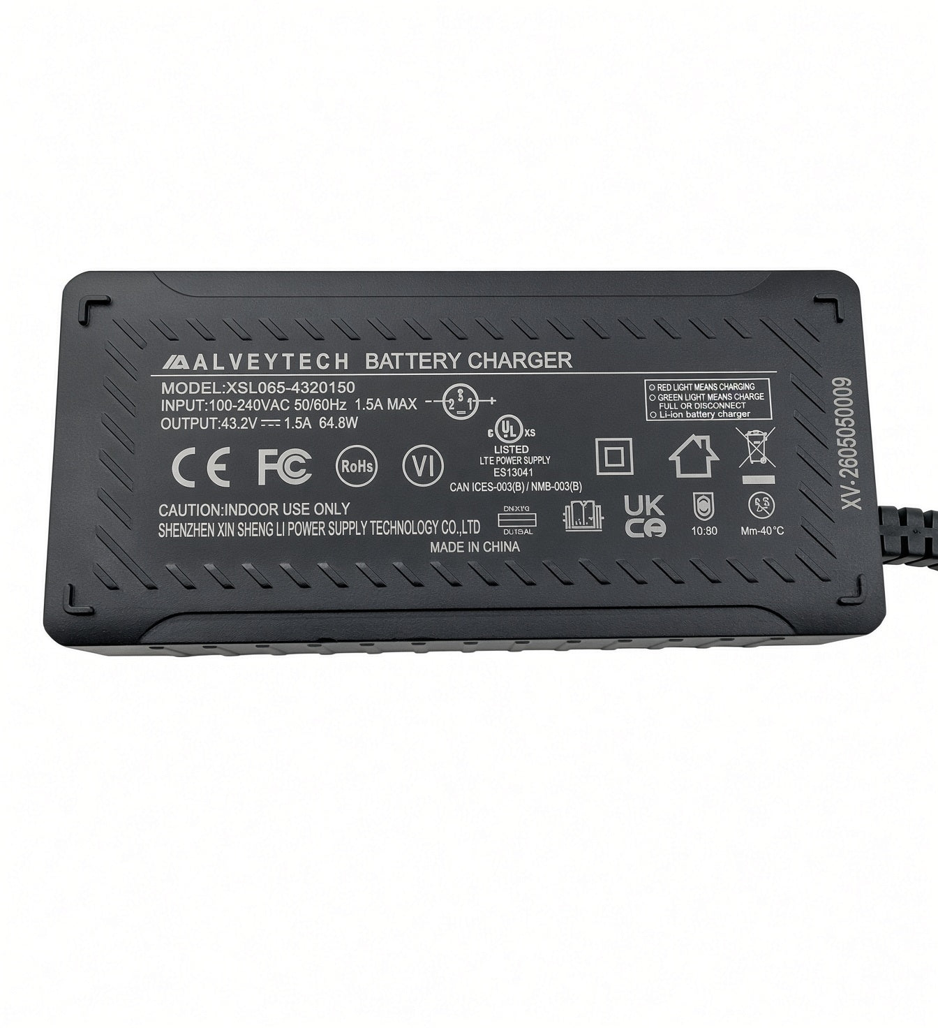 36 Volt battery charger label, model XSL065-4320150, input 100-240VAC, output 43.2V 1.5A 64.8W