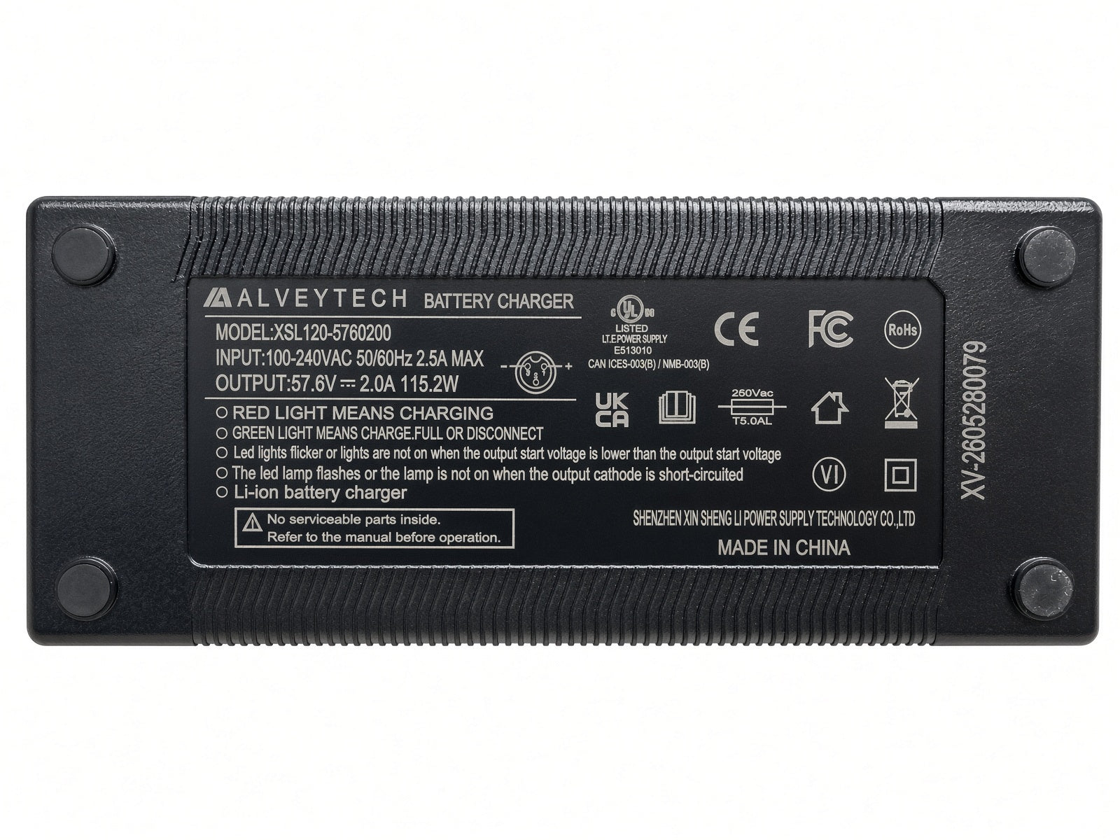 Label on the AlveyTech XSL120-5760200 48 volt lithium-ion charger: 57.6V 2.0A output, 100-240VAC input, Q50-5861