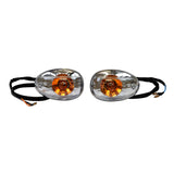 Amber Front Turn Signal Lights with Clear Lenses (Set of 2), showing two headlights with attached wires. Ideal replacement for Baja Sun City scooters, featuring close-up views of the signal lights' clear lenses.