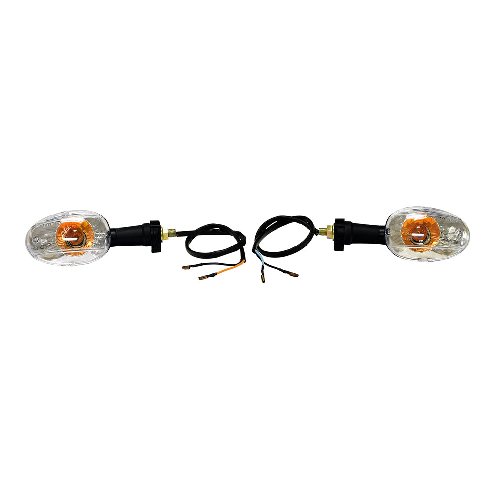 Rear Amber Turn Signal Lights with Clear Lens (Set of 2) featuring black cables and adaptable connectors for various street scooters.