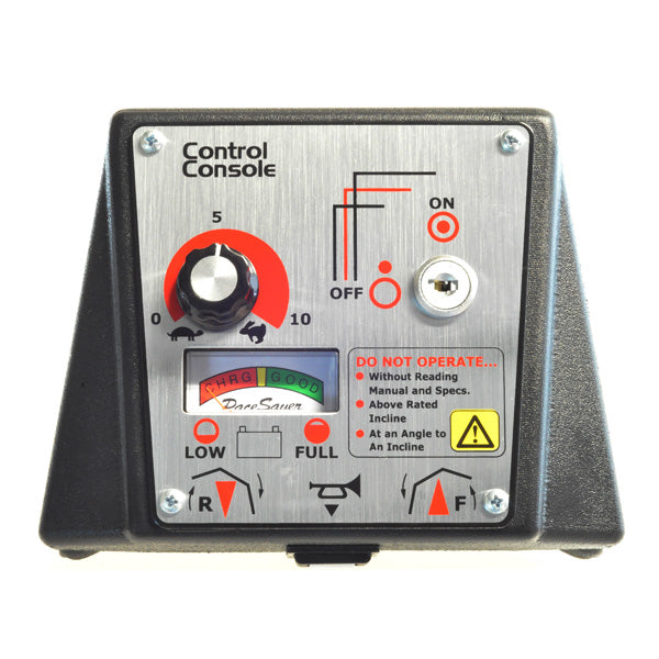 Control Console Assembly for PaceSaver Scooters Manufactured from 1988 to 1998; close-up of black and silver control panel featuring throttle lever, key cylinder, and battery indicator.