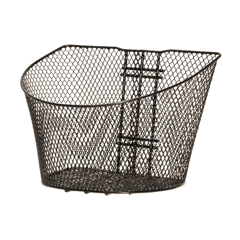 Oval Basket with Angled Opening for Pride Victory XL (SC2700) & Legend XL (SC3450). Features a black wire mesh construction, designed for easy mounting on the front tiller.