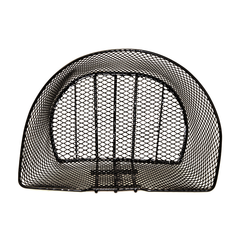 Oval Basket with Angled Opening for Pride Victory XL (SC2700) & Legend XL (SC3450), showing a black mesh design, perfect for mounting on the tiller of specified scooter models.