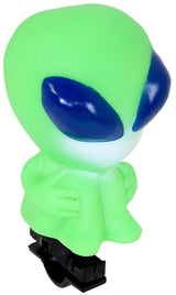 Green alien-shaped Animal Style Handlebar Horn with distinct blue eyes, perfect for scooters and bikes, adding a fun and practical touch to your ride.