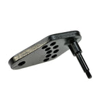 Front Anti-Tip Adjustment Bracket for Jet 3 Ultra Power Chairs, a black metal tool with holes, shown in close-up detailing its design and functionality for enhanced safety.