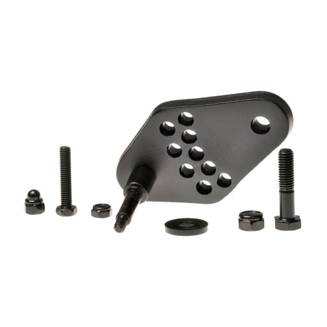 Height Adjustable Front Fork for the Anti-Tip Wheel on the Jazzy Select and Jazzy 1107 power chairs, featuring multiple holes, screws, nuts, and washers for secure installation on either side.