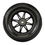 Anti-Tip Wheel Assembly for the Jazzy Select HD, showcasing a close-up of a black tire with a black rim, designed for stability and security, complete with pre-installed bearings.