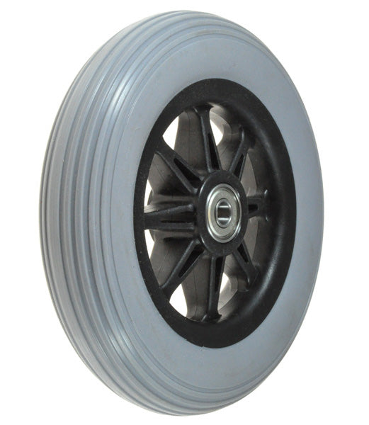 Front Anti-Tip Wheel Assembly for Jazzy 1113 and Jet 7 Power Chairs, featuring a black 6-spoke rim, 6 molded tire, and 608ZZ series wheel bearings.