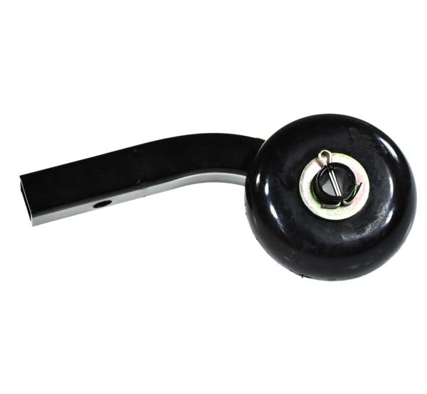 Left Anti-Tip Wheel Assembly for Shoprider Sprinter XL4, featuring a black metal object with a handle and close-up of a black and silver component, resembling a bell.