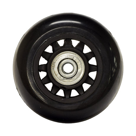 Anti Tip Wheel for the Drive Titan Power Chair, featuring a black tire with a metal center, designed for enhanced safety and stability.