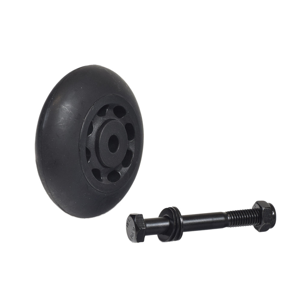 Rear Anti-Tip Wheel Assembly with Mounting Hardware for Jazzy & Pride Scooters & Power Chairs featuring a black metal wheel, a bolt, a nut, and washers, compatible with various models like Legend XL and Pursuit.