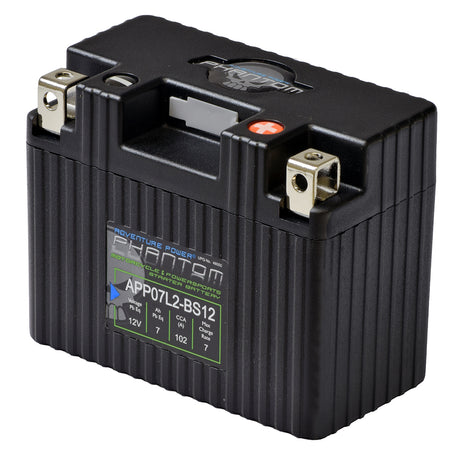 12 Volt 7 Ah YTX4L-BS/YTX5L-BS Replacement Lithium-Iron (LiFePO4) Battery, black rectangular shape with built-in charge indicator, suitable for motorcycles and scooters, shown on a white background.