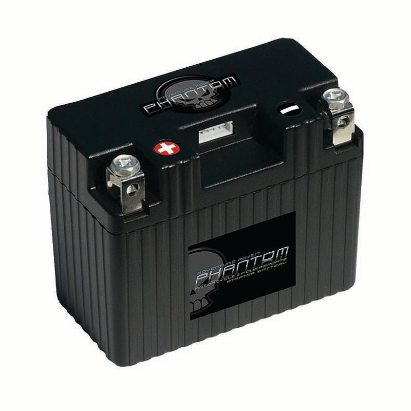 12 Volt 18 Ah YTX15L-BS Replacement Lithium-Iron (LiFePO4) Battery, black with silver terminals and a visible logo on its surface, part of the UPG Adventure Power Phantom Series.