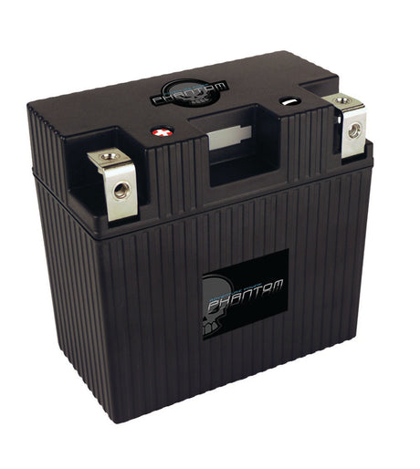 12 Volt 21 Ah YTX14-BS Replacement Lithium-Iron (LiFePO4) Battery with Reverse Polarity, featuring a black exterior with silver metal terminals and a visible skull logo on the side.