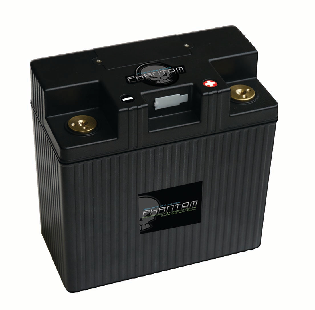 12 Volt 27 Ah YTX24HL-BS Replacement Lithium-Iron (LiFePO4) Battery with Reverse Polarity featuring a black body with gold terminals and a visible logo on its surface.