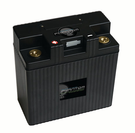 12 Volt 36 Ah YTX24HL-BS Replacement Lithium-Iron (LiFePO4) Battery, black with gold and silver buttons, featuring a logo and white label on its surface.