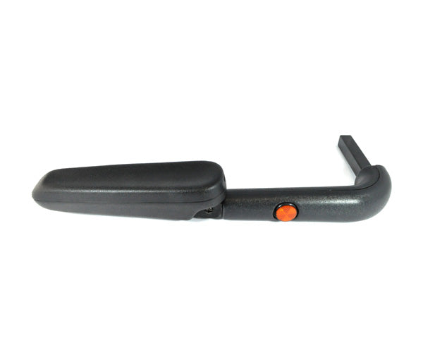 Close-up of the Left Armrest Assembly for Shoprider Mobility Scooters, featuring a black pad with a visible red adjustment button and support arm.