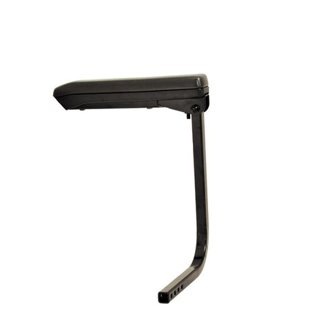 Complete Armrest Assembly for the Pride Pursuit (SC713) featuring a black plastic pad, metal arm, upright tube, and necessary hardware, shown in detail with a close-up of the arm.