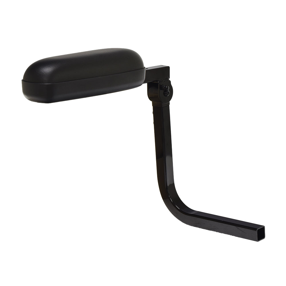 Right Armrest Assembly with Pad for the Golden Companion I GC221 and Companion II GC321 mobility scooters, featuring a black curved design with a padded top and rounded end.