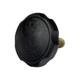 Armrest Adjustment Knob for Shoprider Scooters: A black, round knob with a gold screw, used for adjusting armrest height, width, or retaining a seat belt on various Shoprider scooter models.