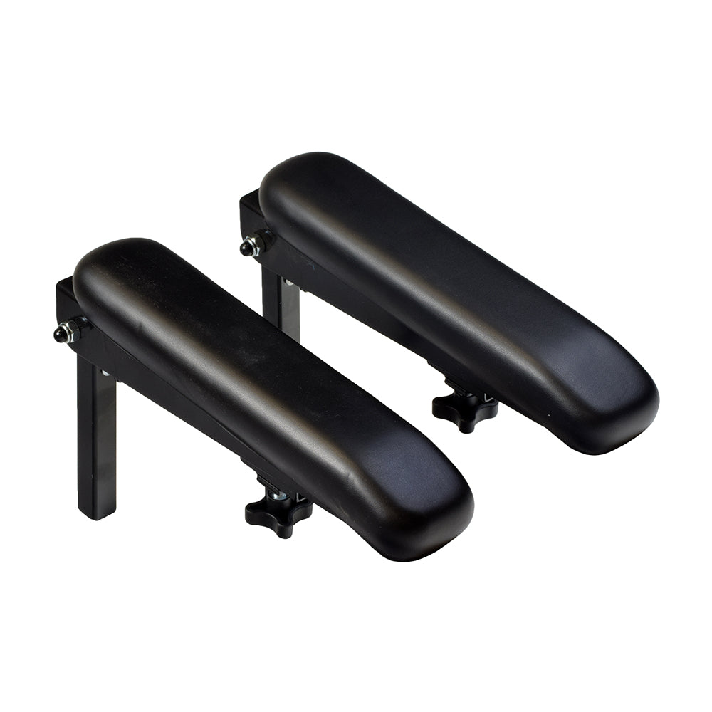 Set of Armrest Assemblies for the Golden Technologies Alante Jr (GP200) power chair, featuring a pair of sleek black armrests ready to replace worn-out originals.