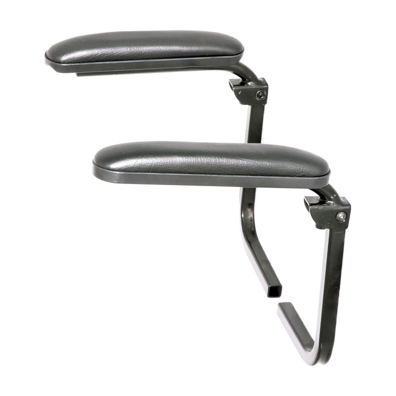 Left and Right Armrest Assemblies for the Merits Cruiser Q (S538/S548) and Mini Coupe (S539) Mobility Scooters, featuring a close-up of the black leather surface and metal structure.