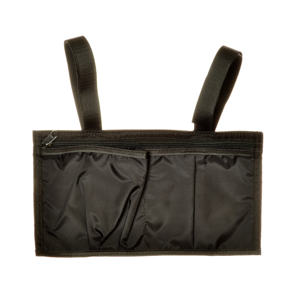 12-3/4 x 7 Armrest Pouch for Mobility Scooters, featuring a black nylon bag with straps, one large zippered compartment, and two smaller open compartments on the side.