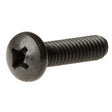 Close-up of a 1/4-20x1 Black Pan Head Machine Screw, highlighting its threaded black oxide finish and pan head design, essential for securing scooter or power chair armrests.