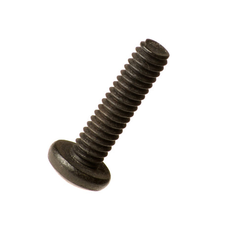 1/4-20x1 Black Pan Head Machine Screw close-up, highlighting its threaded body and pan-shaped head. Ideal for securing scooter or power chair armrests to brackets with a Phillips screwdriver.