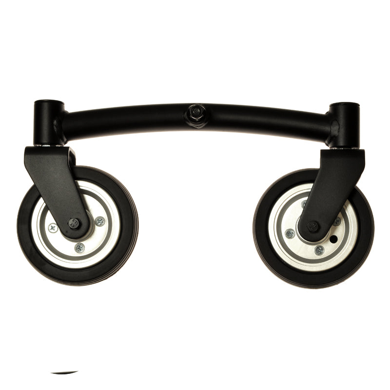 Articulating Beam Assembly with Black Caster Wheels for the Jazzy Select power chair, featuring a close-up view of the metal frame and attached black caster wheels.