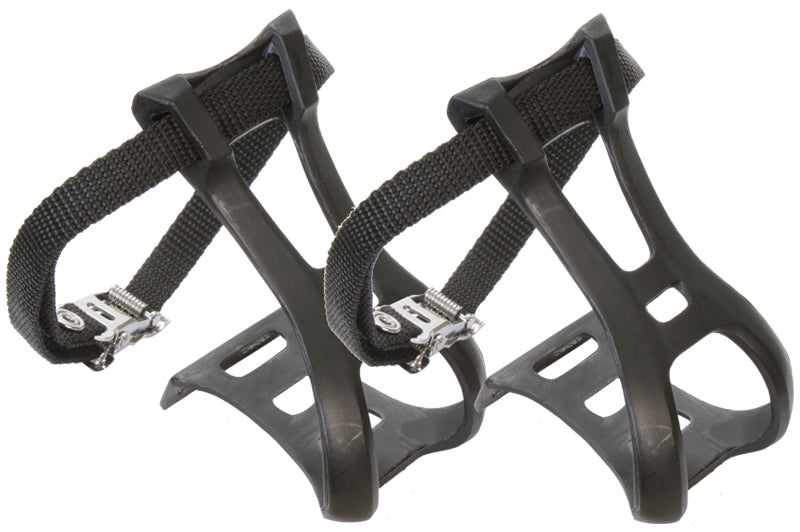 ATB Toe Clips and Straps: a pair of black bicycle pedals with attached straps, designed for enhanced foot grip and control on bikes and scooters.