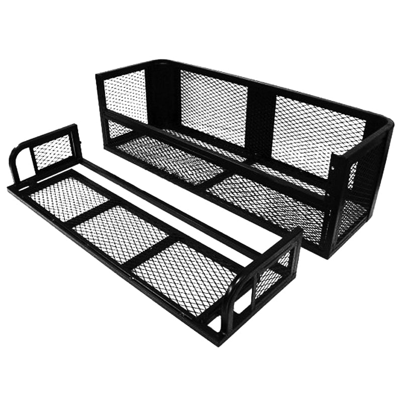 ATV Rear Storage Accessory Cargo Rack with Drop Down Basket, featuring a robust black metal frame with mesh design, ideal for enhancing your ATV's storage capacity.