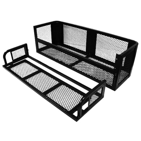 ATV Rear Storage Accessory Cargo Rack with Drop Down Basket, featuring a robust black metal frame with mesh design, ideal for enhancing your ATV's storage capacity.