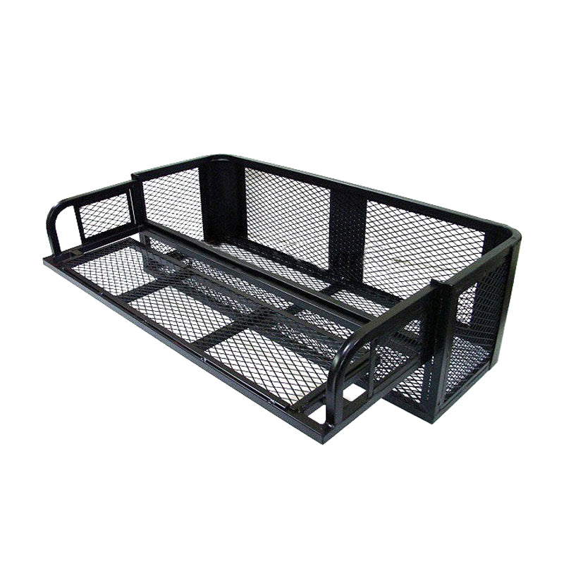 ATV Rear Storage Accessory Cargo Rack with Drop Down Basket featuring heavy-duty black metal mesh netting, designed for robust use and easy installation on standard tubular racks.