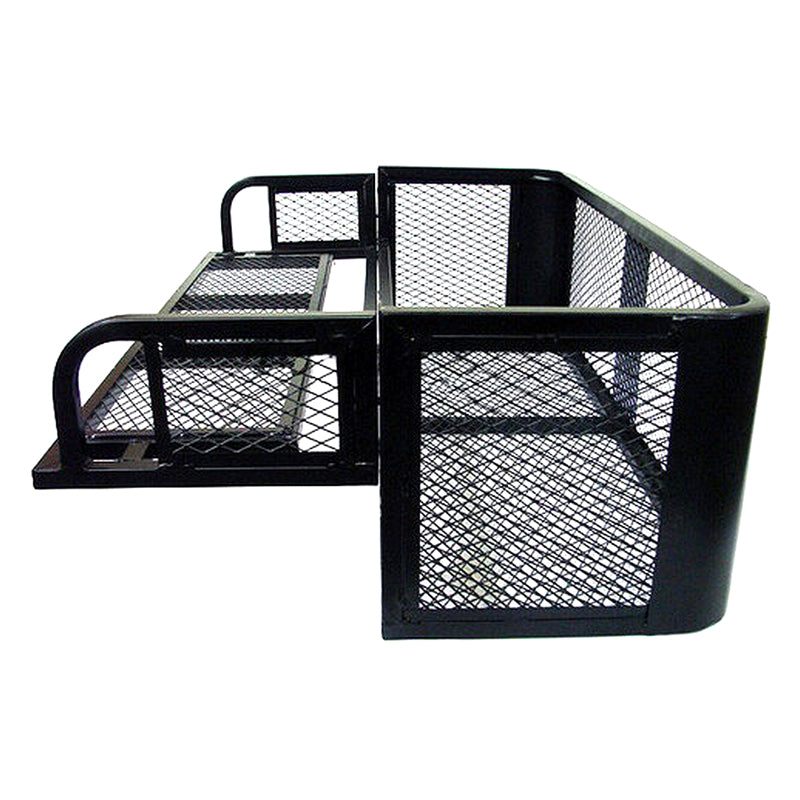 ATV Rear Storage Accessory Cargo Rack with Drop Down Basket, featuring robust heavy-duty welded steel construction and a durable Polyarmor coating, seen as a black metal bench with mesh detailing.