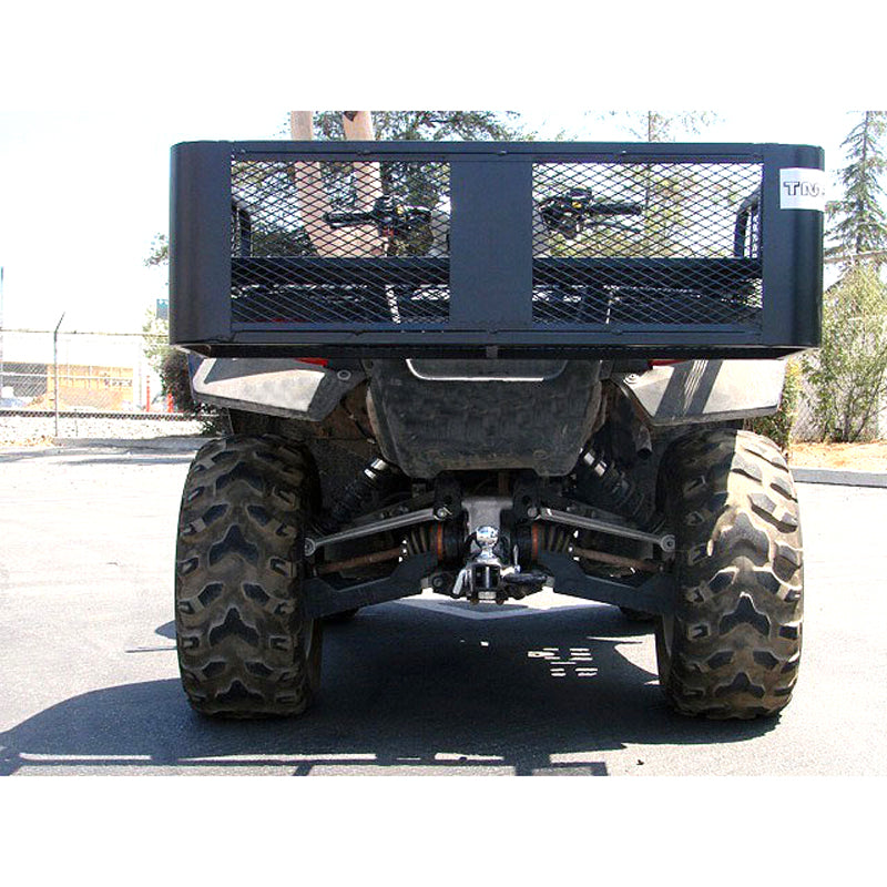 ATV Rear Storage Accessory Cargo Rack with Drop Down Basket attached to the back of an off-road vehicle, showcasing robust welded steel construction and a spacious basket for carrying items.